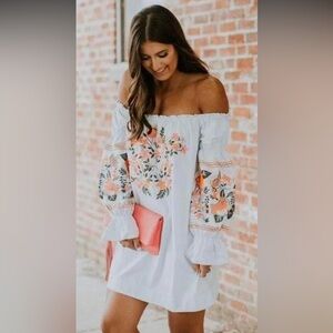 NWT Boutique Off The Shoulder Dress W/ Embroidery Detailing